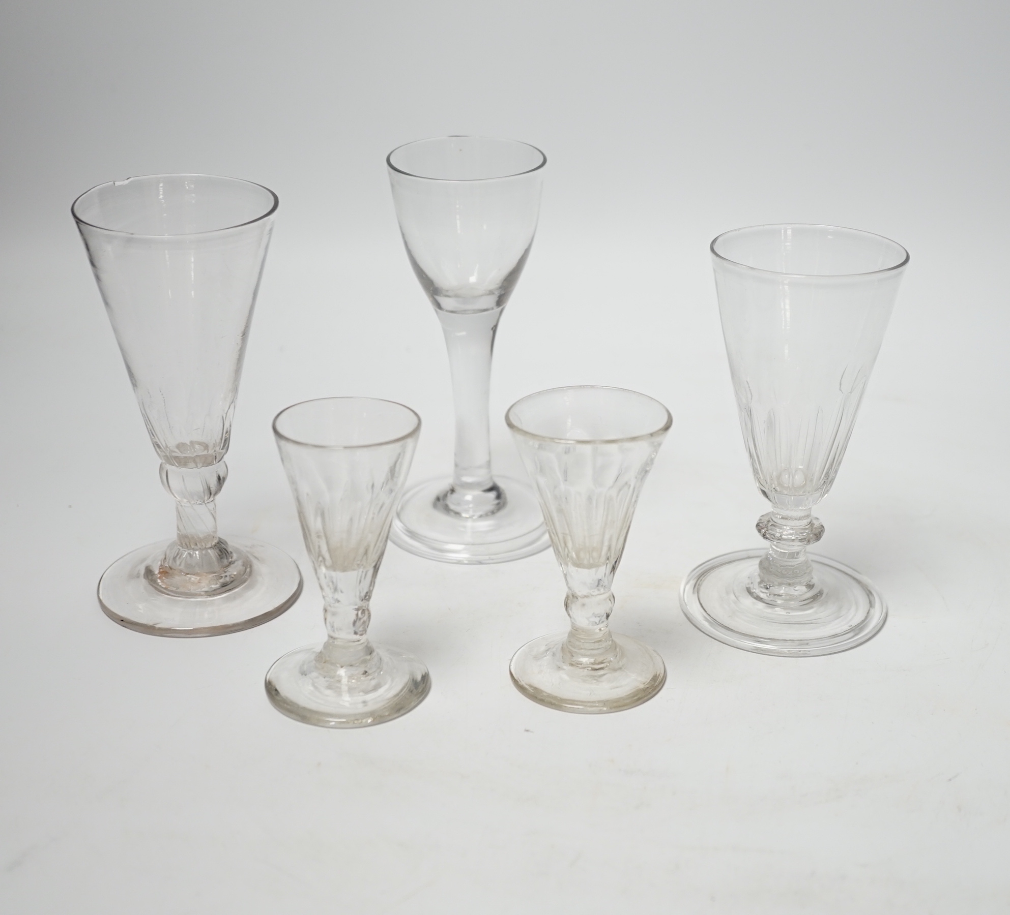 A group of five 18th century wine glasses, tallest 13cms